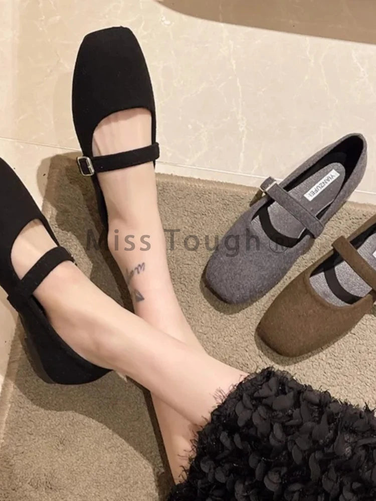 LBSFY  -  Solid Chic Women‘s Felt Mary Janes Shoes Square Toe Ballet Flats Female New Fashion Buckle Strap Ladies Shoes Spring Autumn