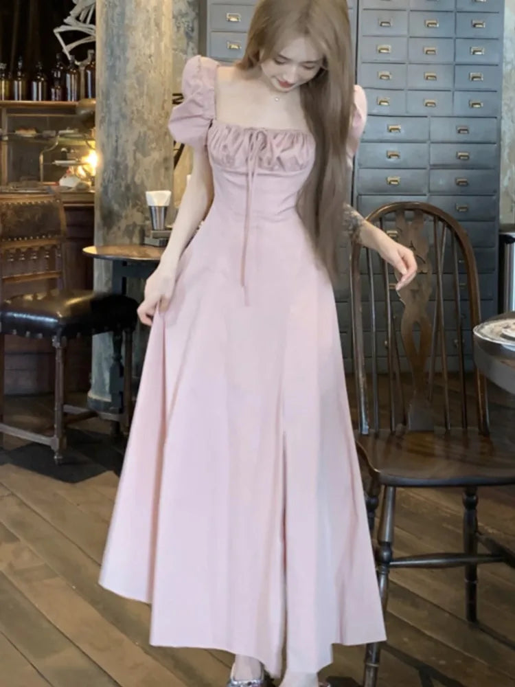 LBSFY -Korean Summer Elegant Fashion Women's Dresses Puff Sleeves Square-Collar Vintage Folds Split Lace Up Long Dress 2025 Vestidos