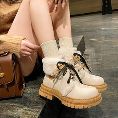 LBSFY  -   Genuine Leather Snow Boots Women Lace Up Solid Color Thick Fur Warm Winter Boots Ladies Fashion Ankle Boots Shoes