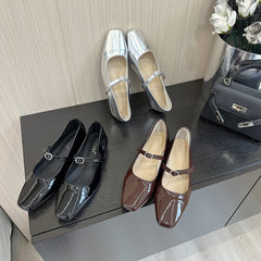 LBSFY  -  Round Toe Women Flats Loafers Black Brown Silver Belt Buckle 2024 New Arrivals Low Heels Dress Shoes Patent Leather Size 35-39