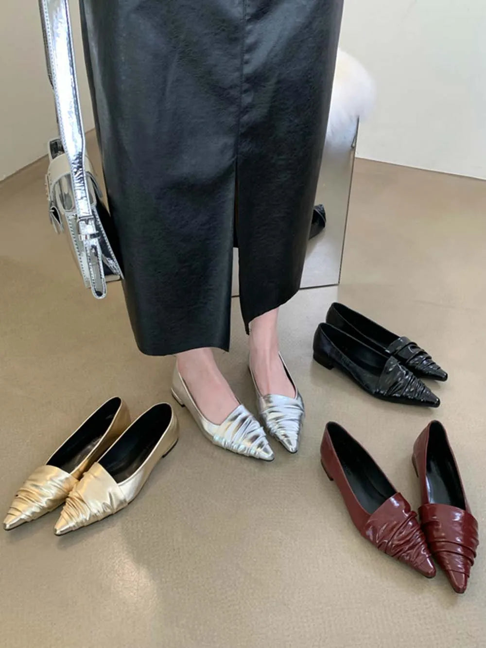 LBSFY  -  Fashion Women Loafers Pointed Toe Shallow Slip On Low Heeled Black Red Silver Gold Party Dress Shoes Woman Mules Size 35-39