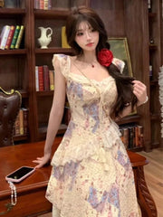 LBSFY -Chic Elegant Print Patchwork Women's Dresses Summer Ruffles Mesh Square-Collar Lace Up Flying Sleeves Dress Holiday Casual New