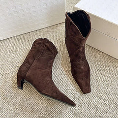 LBSFY  -  Embroidered Square Toe Cat Heel Western Cowboy Boots Woman Winter 2024 Slip-On Shaped Heel Slim Boots Fashion Shoes for Women