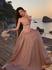 LBSFY -Women's Vintage Elegant Party Dresses Summer Fashion 2025 New Solid Pleated A-Line Slim Sling Dress French Beach Holiday Vestido