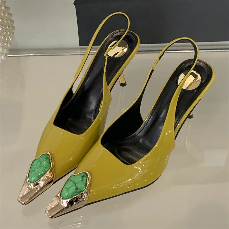 LBSFY -Spring Design Inlay Diamonds Woman Pumps Sexy Thin Low Heels Pointed Toe Elegant Slingbacks Prom Banquet Mules Shoes