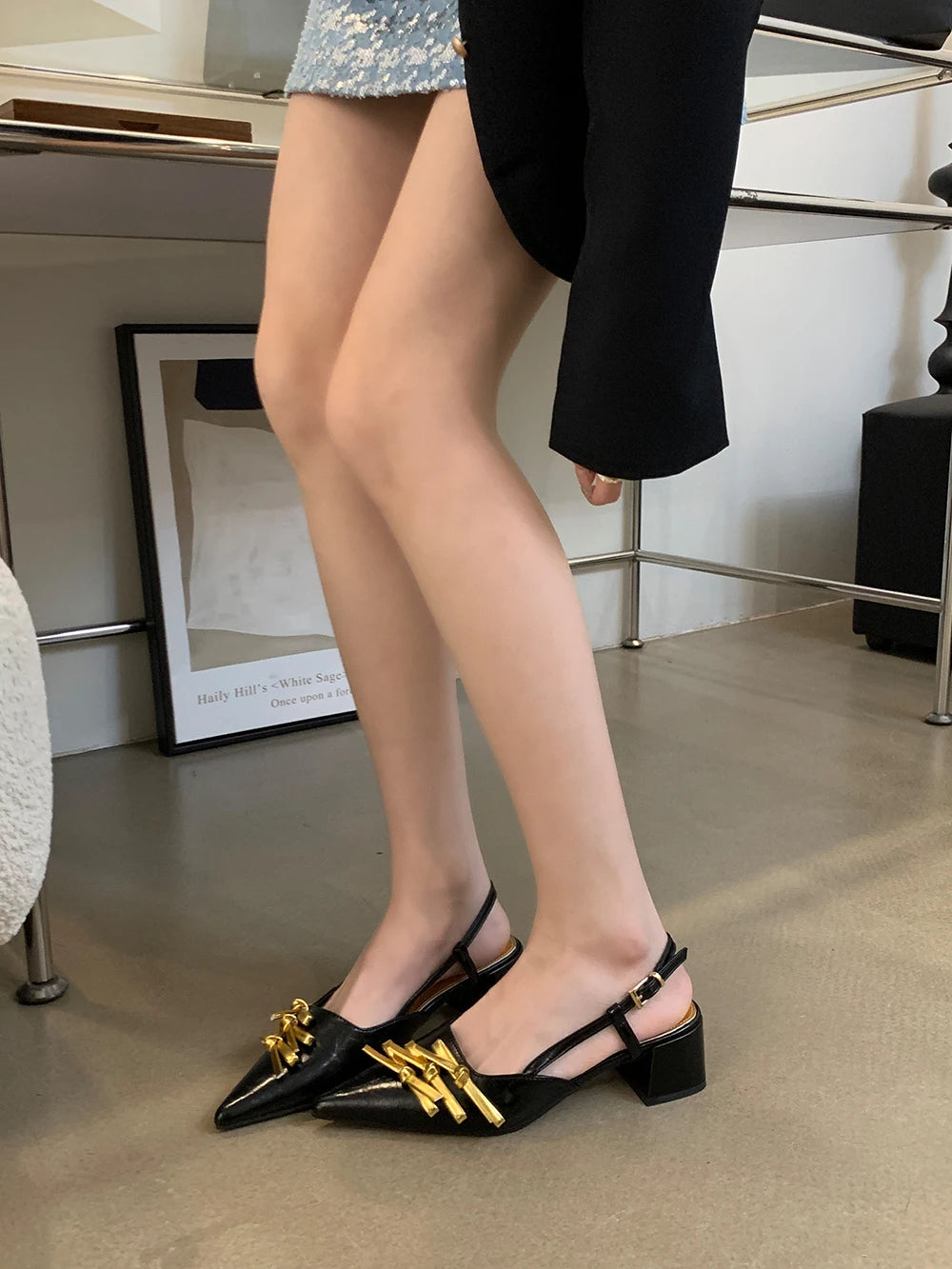 LBSFY  -  Sexy Women Sandals Gold Black Summer Dress Shoes Mid Heeled Back Strap 2024 New Bow Design Belt Buckle Sexy Mules Size 35-39