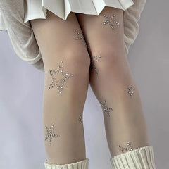 Lbsfy Y2k Star Diamond Rhinestone Fishnet Sexy Women Pantyhose Thigh High Stockings JK Lolita Girls Bling Underwear Pantyhose