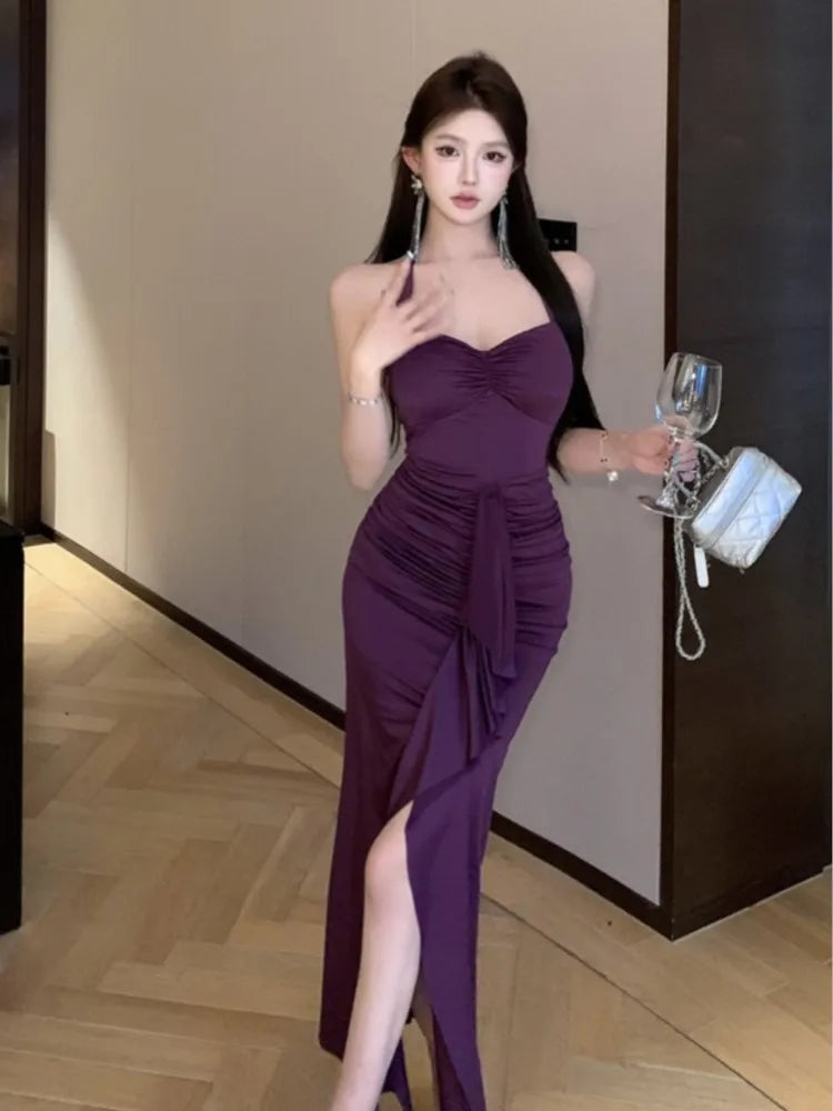 LBSFY -Elegant Sexy Bodycon Evening Party Dress Purple Halter Split Pleated Sling Women's Dresses 2025 Chic New Party Prom Gown Summer