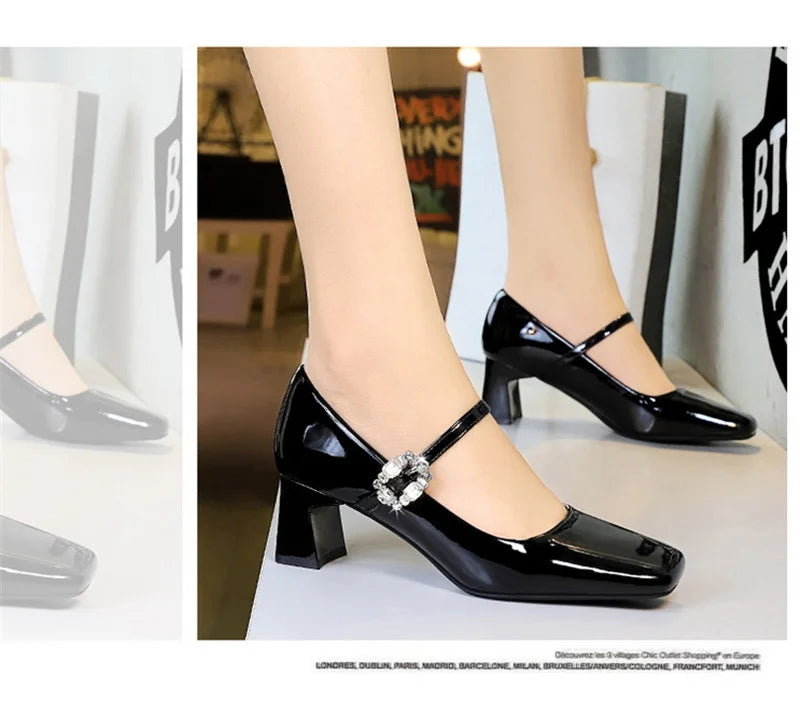 LBSFY -Banquet Mary Jane Women Single Shoes Square Toe Light Mouth Patent Leather One-Striped Rhinestone Buckle Thick Heel Medium Heel