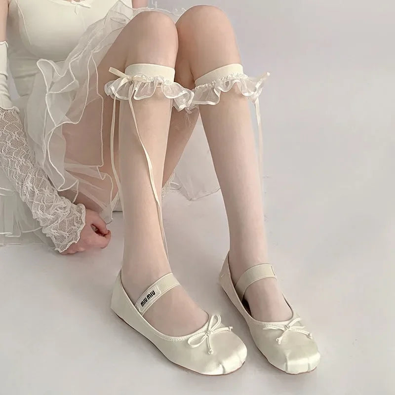 Lbsfy Sweet Bowknot Lace Stockings Women Thigh Knee Socks Black Thin Legging Lolita Thigh High Fishnet Stocking Gothic Punk Long Socks