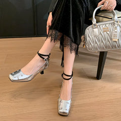 LBSFY  -  Fashion Pumps New High Quality True Leather Rivet Square Head Shallow Mouth Ankle Buckle Strap High Heels Women's Heels