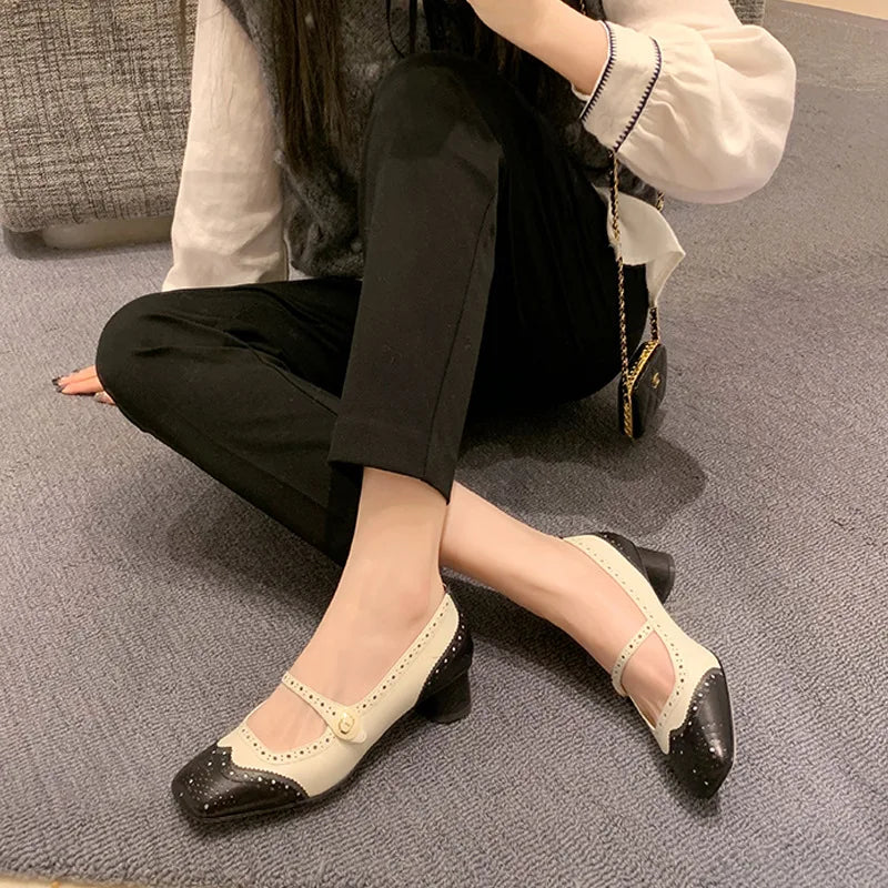 LBSFY  -  Spring New Hollow Carved Square Toe Retro Coarse Single Shoes, Light Mouth Color Blocked High Heels, Mary Jane Single Shoes