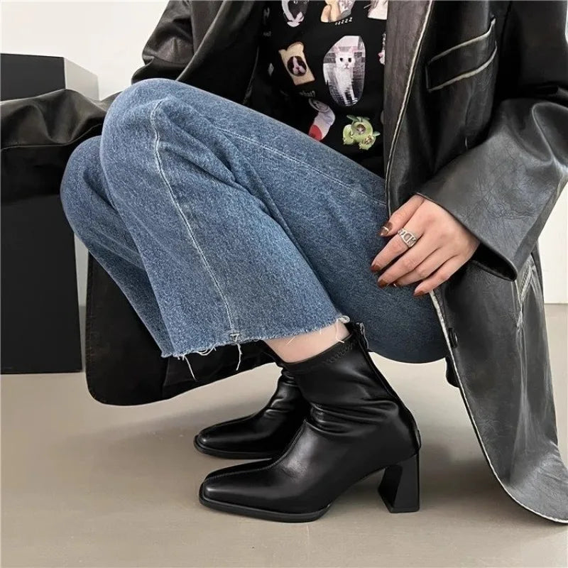 LBSFY -New Style Fashion Women's Autumn Cow Leather Retro Square Toe Zipper High Heels Ankle Boots Square Heel All Match Women Shoes
