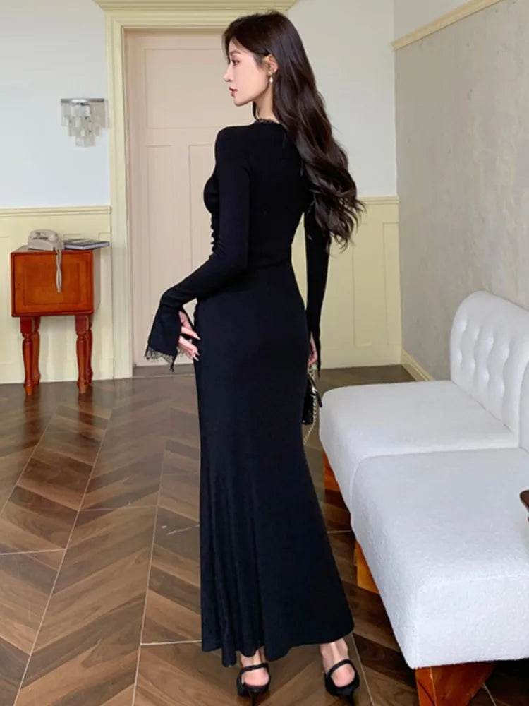 LBSFY -Elegant Black Mermaid Dresses for Women Autumn Winter Lace V-Neck Long Sleeve Party Dress High Waist Slim Fit Vestidos Mujer New