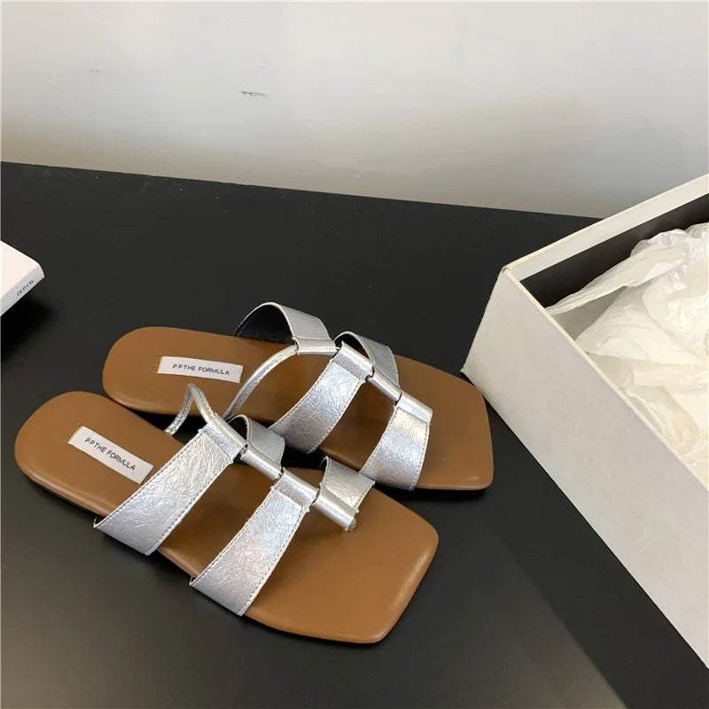 LBSFY  -Summer Casual Flat Sliper Square Toe Shoes Women Slip-On Beach Slides Soft Outdoor Sandals Mujer