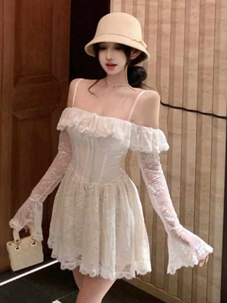 LBSFY -Sexy Lace Mini Dress for Women Sweet Slash Neck Spaghetti Strap Flare Long Sleeves Ruffle Slim Party Dresses Female Clothing New