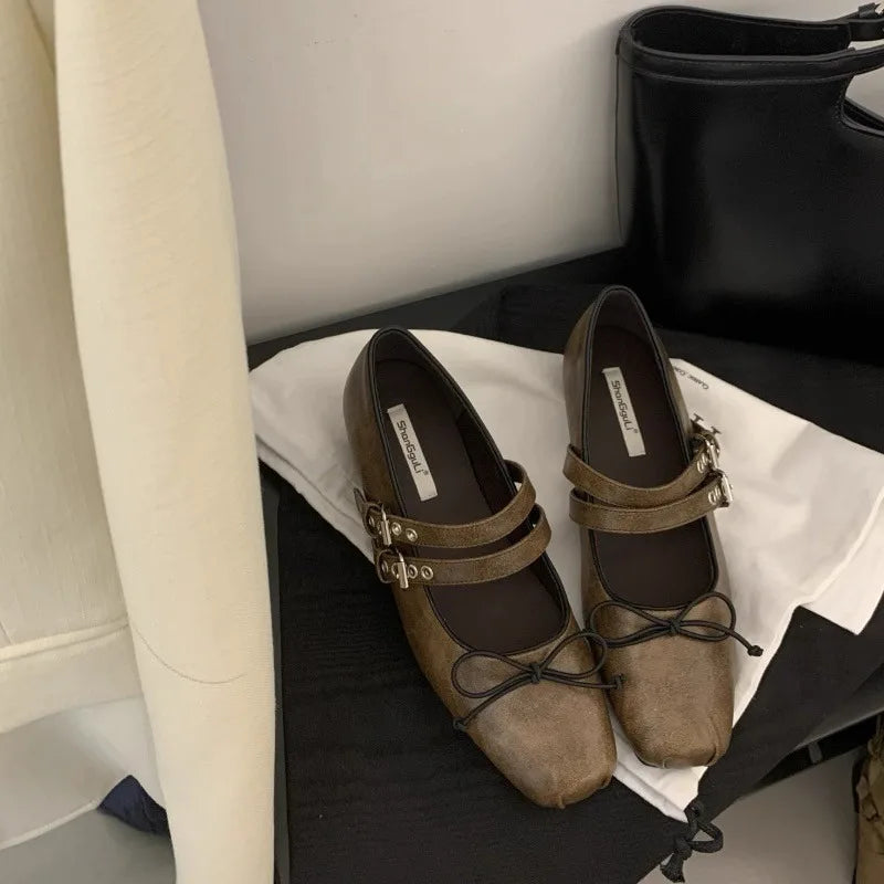LBSFY -Luxury  Lace Tie Leg Satin Leather Ballet Flats Woman Square Toe Bowknot Elastic Band Ballerinas Ladies Wedding  Floral Shoes