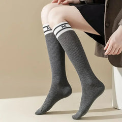 Lbsfy Cotton Women Stockings Japanese Style School Girls Long Socks Stocking Letter Embroidery Solid Color Black White Gray Knee Socks