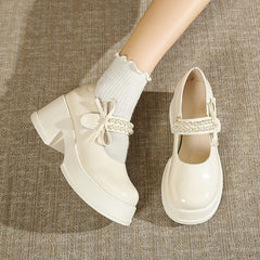 LBSFY -Vintage High Heels Mary Jane Shoes for Women 2025 Patent Leather Platform Pumps Woman Pearls Thick-Heeled Shoes Female