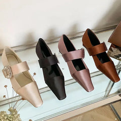 Lbsfy Luxury Silk Designer Women Shoes Crystal Buckle 2025 New Footwear Female Brand Mary Janes Shoes Comfy Low Heel Dress Shoes Women