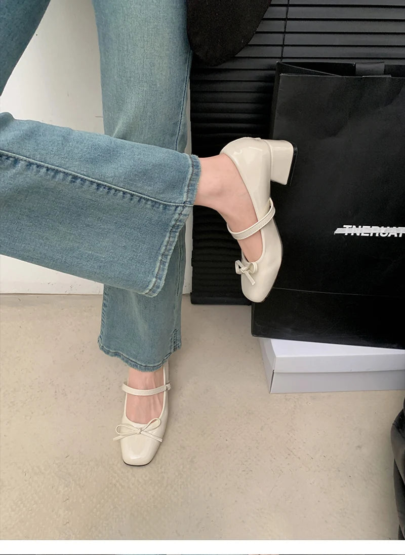 LBSFY -Patent Leather Women Mary Jane Shoes Fashion Shallow Butterfly-knot Shoes Spring Autumn Wedding Party Shoes