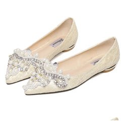 LBSFY -New Crown Pearl Soft Flats Wedding Shoes Pointed Toe Women Dress Moccasins Low Pearl Heel Ladies Fashion Luxury Plus Size 43