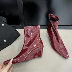 LBSFY  -  High Quality Soft Cozy Patent Leather Ankle Boots Women Sexy Pointed Toe Wedges Heels Party Prom Shoe Booties Female Pumps