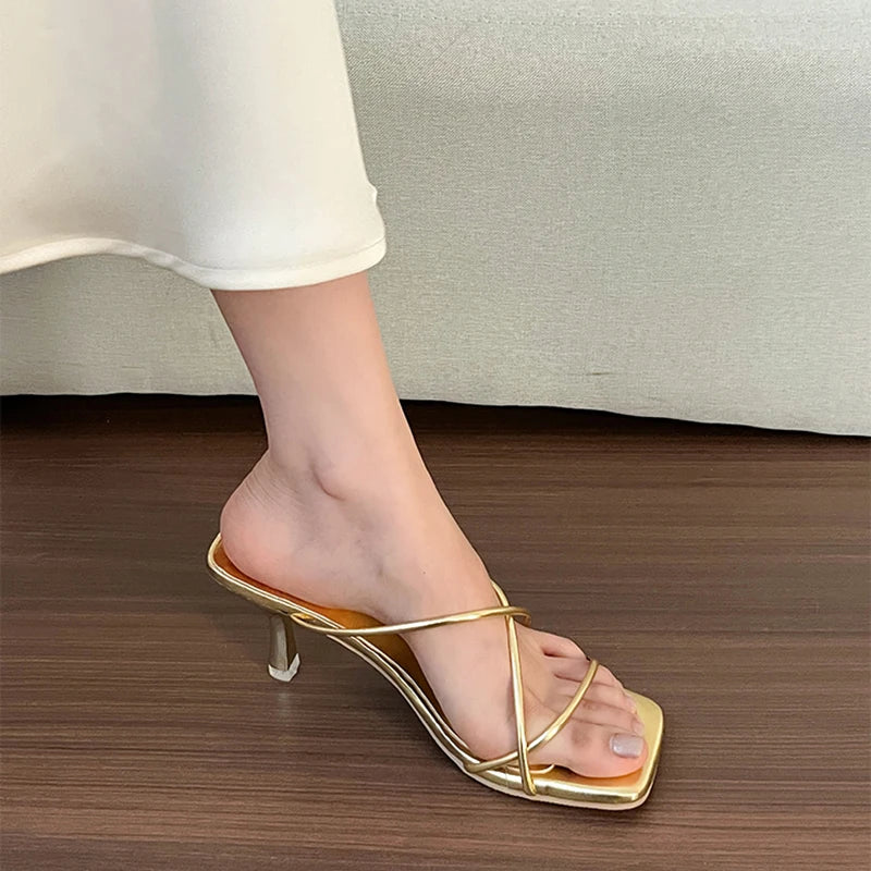 LBSFY  -  Summer Open Toe Woman Slippers Fashion Narrow Band Slip On High Heel Slides Shoes Ladies Outdoor Dress Beach Sandalias