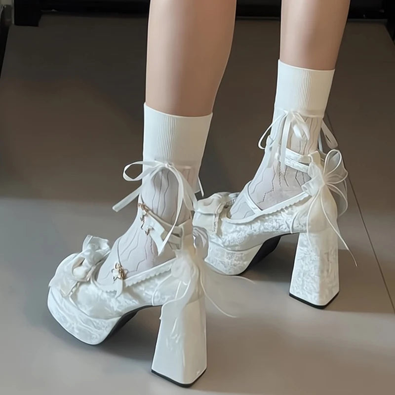 LBSFY -Platform High Heel Women's Mary Jane Shoes Fashion Butterfly-knot Shoes Spring Autumn Wedding Party Shoes