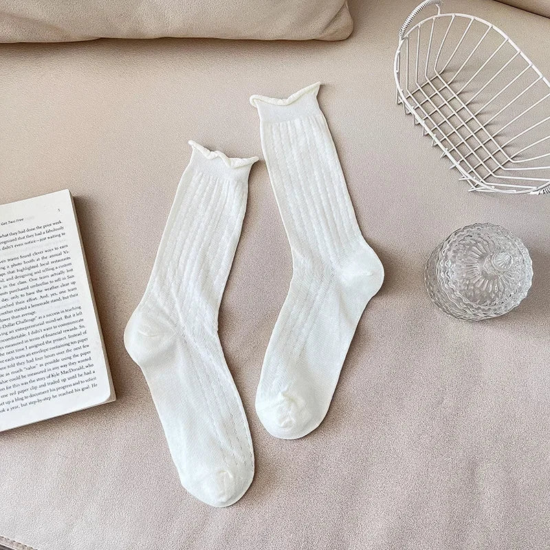 Lbsfy 1pair Spring Women Heart Hollow Out Lolita Style Cute Socks Thin Middle Tube Socks for Girl Sweet Soft Designer Loose Socks