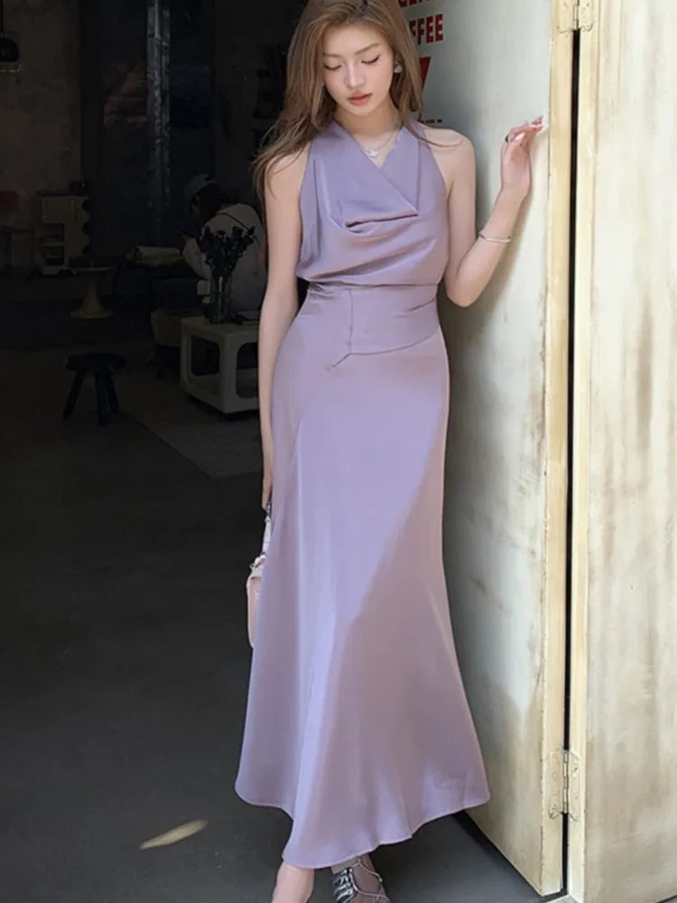 LBSFY -Spring Summer Elegant Purple Party Long Dresses For Woman French Fashion Vintage Swing-Collar Lace-up Slim New Dress Prom Female