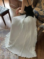 LBSFY -French Ruffle Pleated Elegant Fashion Evening Party Black White Women's Dresses Spliced A-Line Prom Spaghetti Strap Dress New