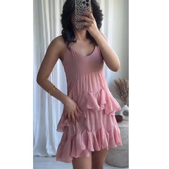 LBSFY -Asymmetric Ruffle Hic Party Dress For Summer V-neck Solid Color Pink Fashion Women Slip Dress Streetwear Holiday Female Clothes