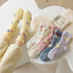 Lbsfy Socks Women Winter Warm Fluffy Fuzzy Cute Middle Tube Thick Thermal Soft Coral Fleece Floor Sleep Cartoon Star Short Crew Socks