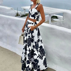 LBSFY  -   Women Two Piece Set Summer Elegant V Neck Sleeveless Backless Floral Printed Vest Top Loose Long Skirt Sets Streetwear
