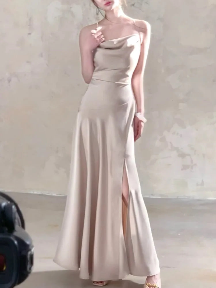 LBSFY -Women Sexy Party Elegant Pleated Dress 2025 French New Fashion Vacation Evening Solid Satin Split Sleeveless Long Dress Summer