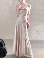 LBSFY -Women Sexy Party Elegant Pleated Dress 2025 French New Fashion Vacation Evening Solid Satin Split Sleeveless Long Dress Summer