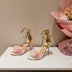 LBSFY  -  New Pink Countryside Chiffon Flower Fantasy High Heels, Straight Vine Strap Sandals