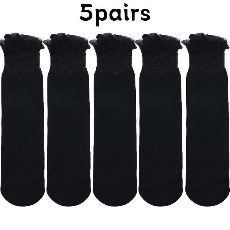 Lbsfy 5Pairs Transparent Lace Frilly Ruffle Socks Women Girls Velvet Ultra-thin Long Sock Summer Harajuku Hollow Out Sox Hosiery