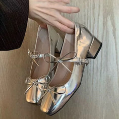 LBSFY -French Butterfly Knot Silver Slip-On Women's Shoes Retro Fairy Ballet Thick Heel Mary Jane Small Leather Shoes Spring Autumn