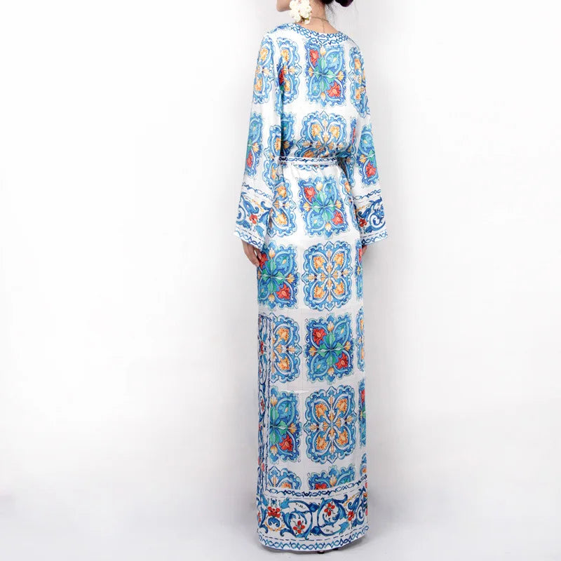 LBSFY  -  Women Fashion Pattern Printed  Bohemian Dress Casual Long Sleeve Loose Long Dress Elegant V-neck Split Lace-up Waist Beach Dress