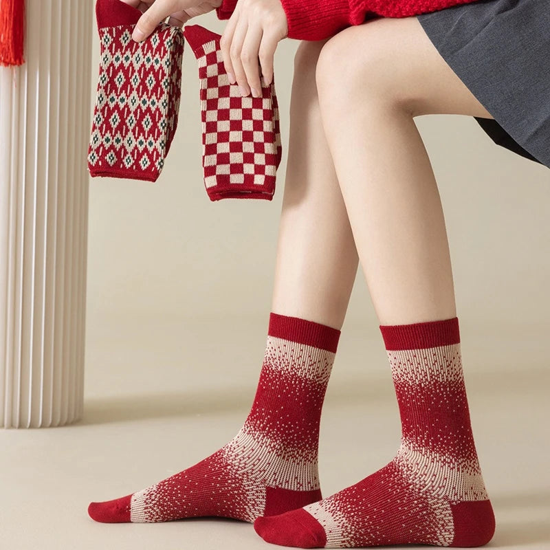 Lbsfy 6 Pairs Happy New Year Socks for Women Combed Cotton Fashion Red Christams Sock Sets Female Winter and Spring Double Needle Sock