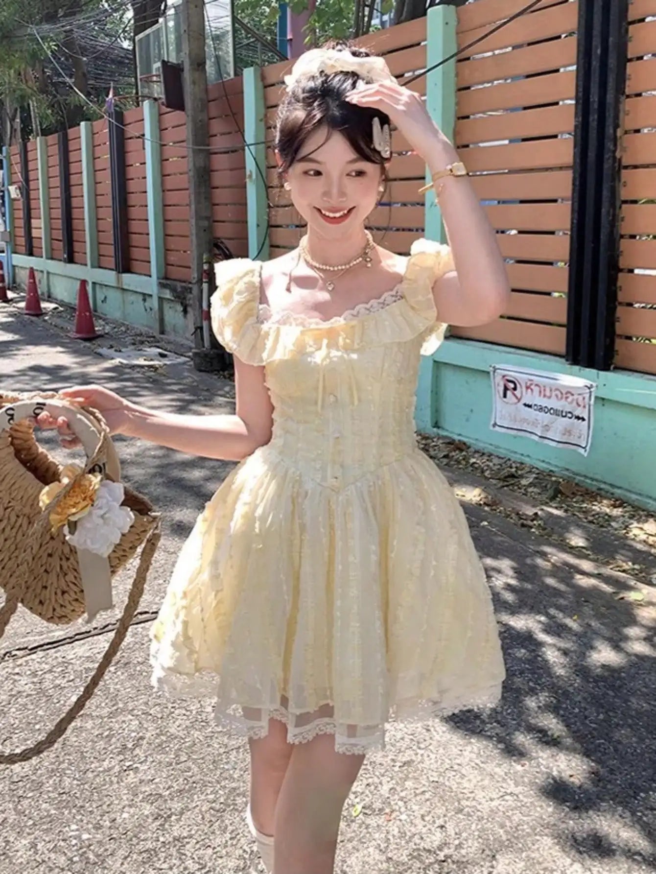 LBSFY -Y2K New Preppy Style Woman Mini Dress Sweet Yellow Lace Puff Sleeves Square-Collar A-Line Slim Waist Dresses French Elegant New