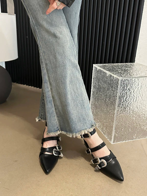 LBSFY  -  Female Shoes Slippers Casual Med Pointed Toe 2024 Luxury Basic Mary Janes Cross-tied Square heel Fabric Strange Style Rubber Syn