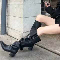 LBSFY -Winter Punk Style Women Knee-High Boots Designer Square Heels Buckle Strap Shoes Ladies Booties Zapatillas De Mujer