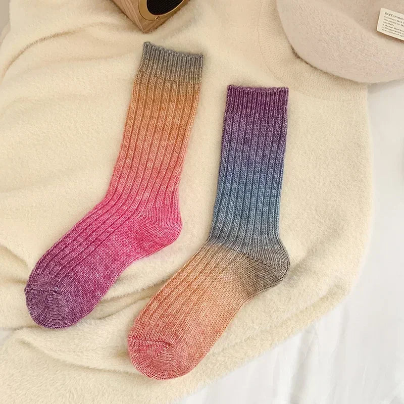 Lbsfy Wool Winter Thick Warm Long Socks Gradient Wool Cashmere Kawaii Socks Women Thermal Floor Sleeping Socks New Year Gift Autumn
