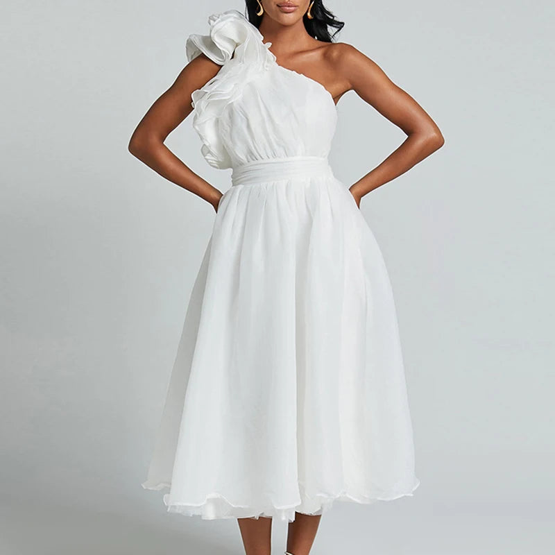 LBSFY  -  Sexy Slanted Collar Solid Long Dress Women Elegant Sleeveless Ruffle Pleated Party Dress Fashion Hight Waist Slim Evening Dress