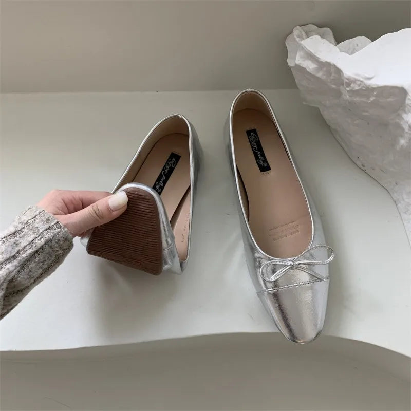 LBSFY  -  Silver Flats Ballet Shoes for Women Mary Janes Casual Shallow Slip on Pumps Sequare Toe Elegant Woman Heeled Shoes Loafers 2024