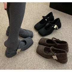 LBSFY -Spring Autumn Women's Luxury Party Shoes Medium Heel Retro Square Toe Velvet Mary Jane Shoes Flat Square Buckle Single Loafers