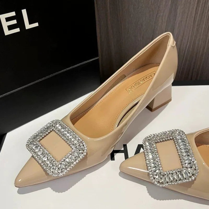 LBSFY -New Style Luxury Women's Fashion Metal Crystal Splice Women Pumps Kitten Thick Heel Elegant Party Ladies Shoes Zapatos De Mujer
